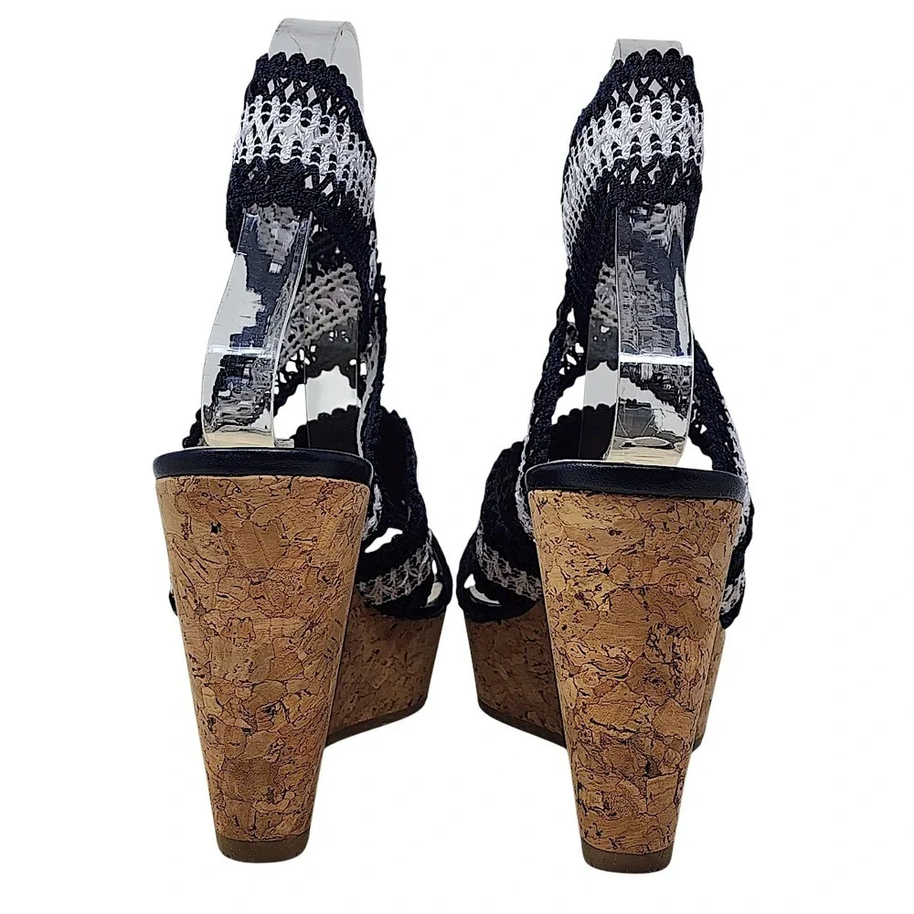 LK‎ Bennett Cork Wedge Sandals 38 7 Womens Navy Blue White Striped Crochet Spain